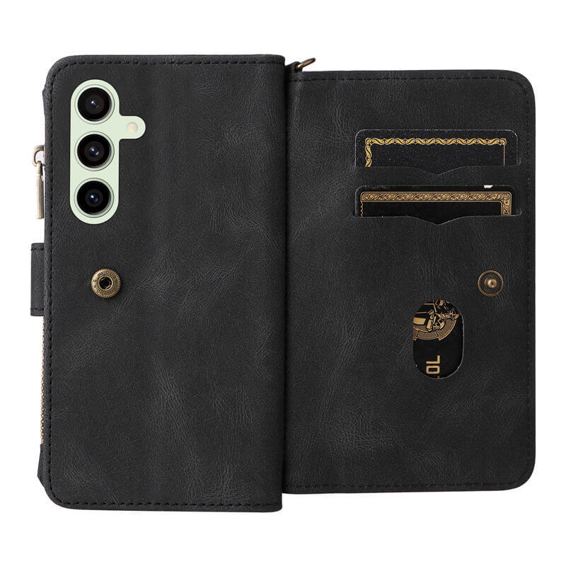 For Samsung Galaxy S24 FE Wallet 15 Card Slots Leather Case with Wrist Strap