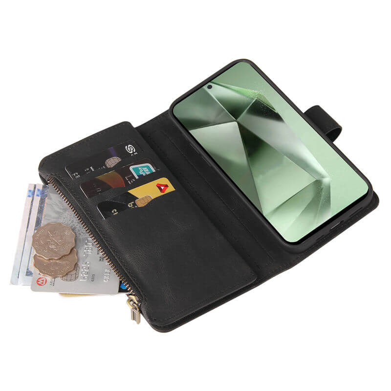 For Samsung Galaxy S24 FE Wallet 15 Card Slots Leather Case with Wrist Strap