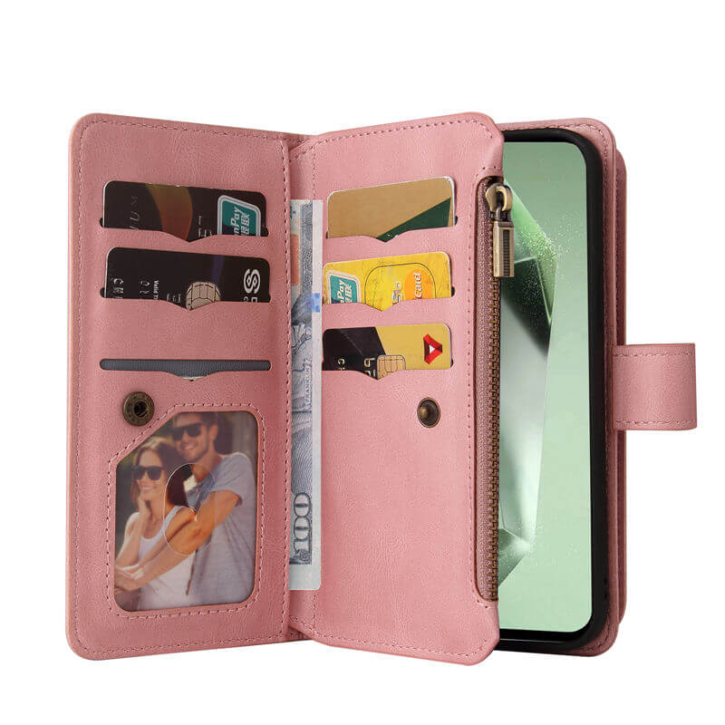 For Samsung Galaxy S24 FE Wallet 15 Card Slots Leather Case with Wrist Strap