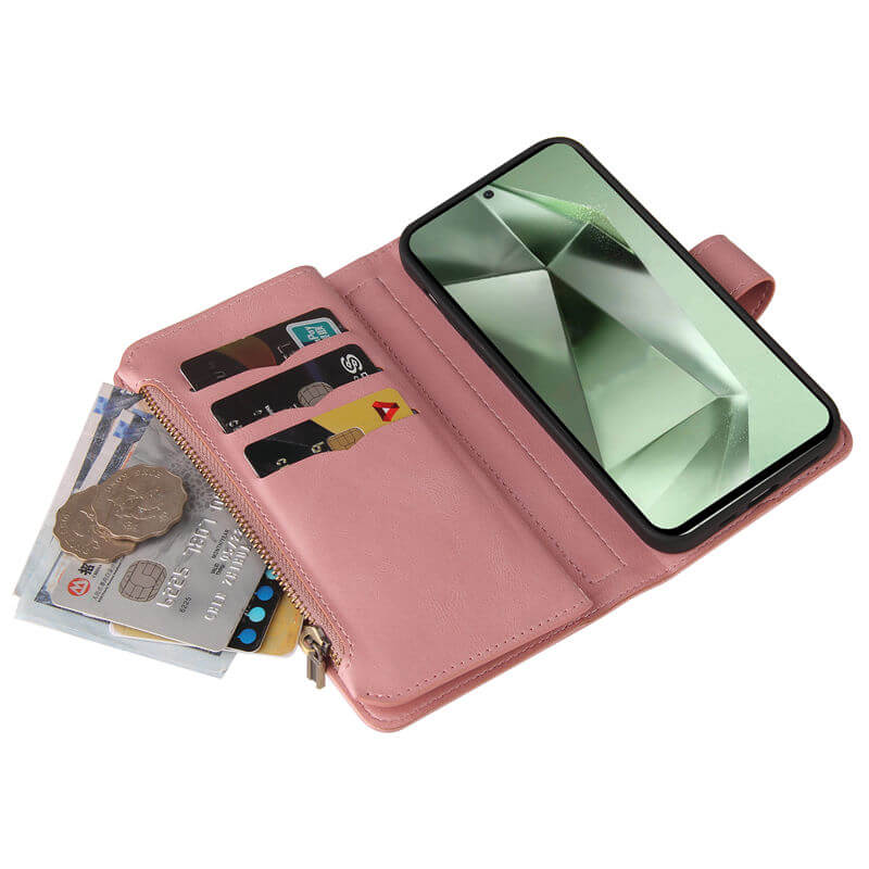 For Samsung Galaxy S24 FE Wallet 15 Card Slots Leather Case with Wrist Strap