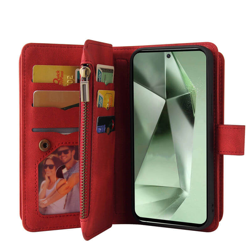 For Samsung Galaxy S24 FE Wallet 15 Card Slots Leather Case with Wrist Strap