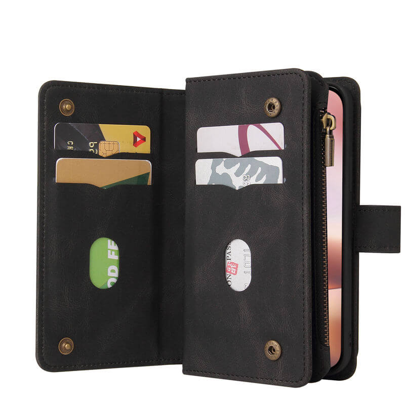 For iPhone 16 Plus Wallet 15 Card Slots Leather Case with Wrist Strap