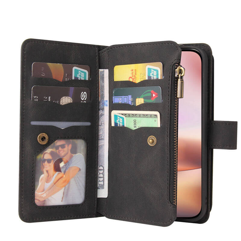 For iPhone 16 Plus Wallet 15 Card Slots Leather Case with Wrist Strap