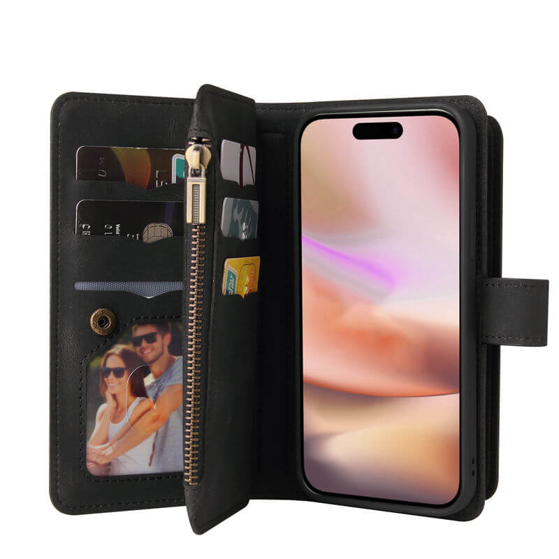 For iPhone 16 Plus Wallet 15 Card Slots Leather Case with Wrist Strap