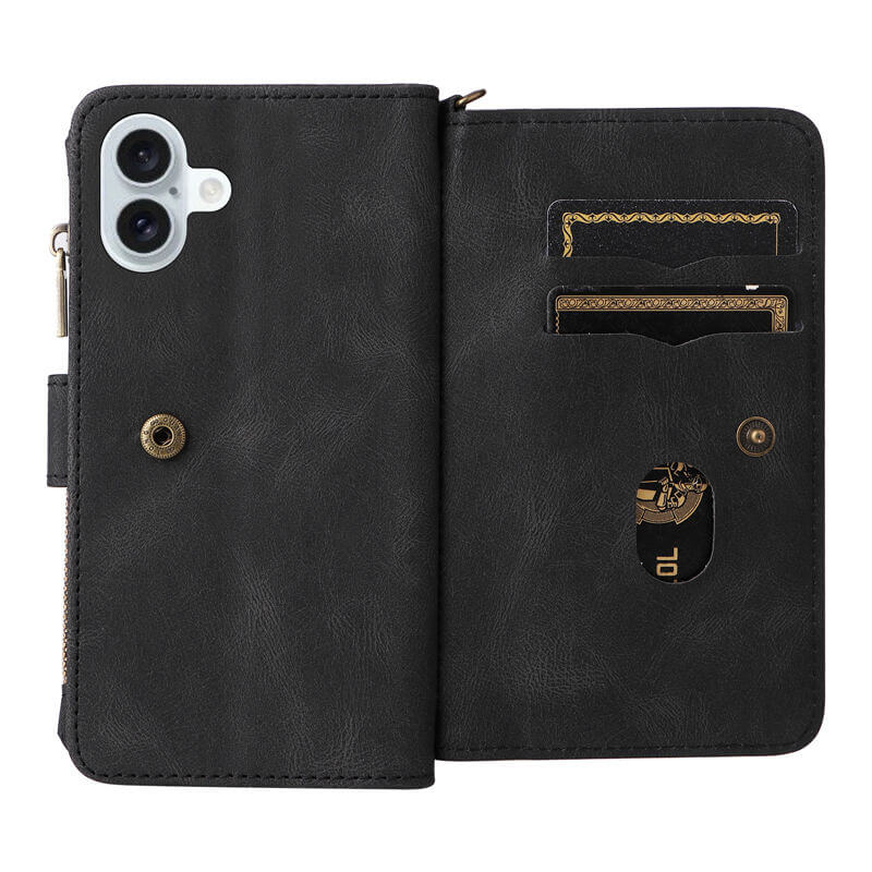 For iPhone 16 Plus Wallet 15 Card Slots Leather Case with Wrist Strap