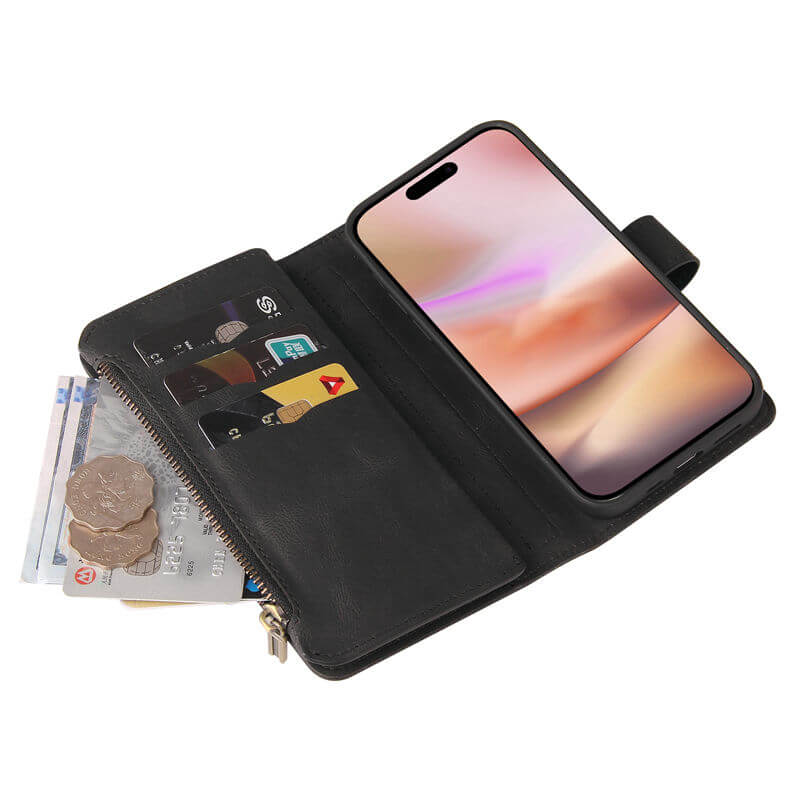 For iPhone 16 Plus Wallet 15 Card Slots Leather Case with Wrist Strap