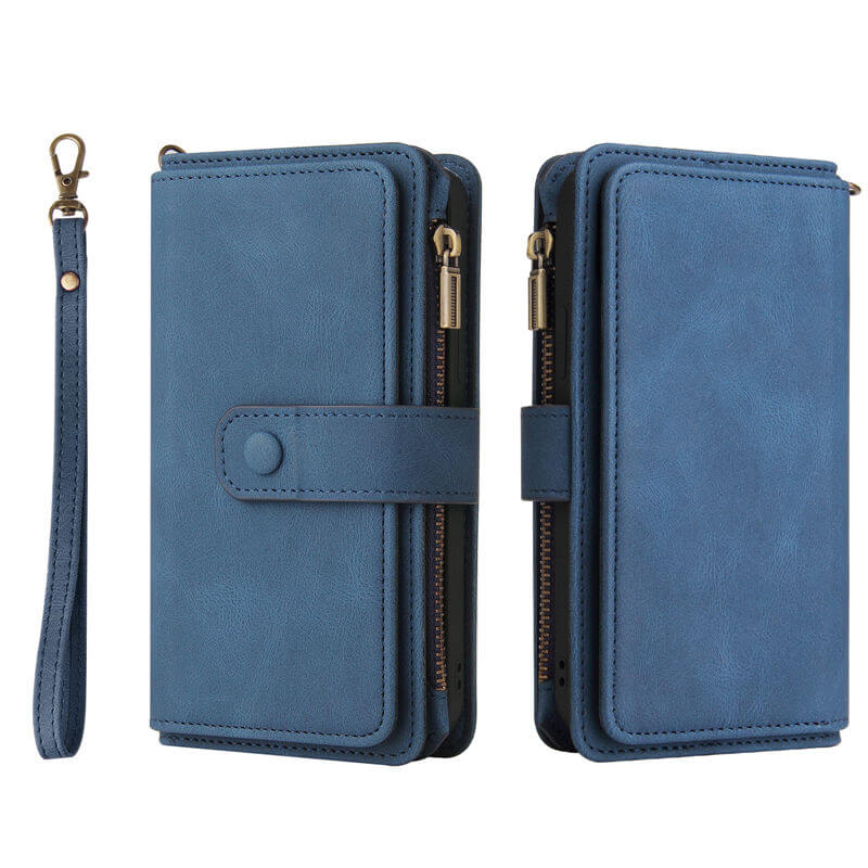 For iPhone 16 Plus Wallet 15 Card Slots Leather Case with Wrist Strap