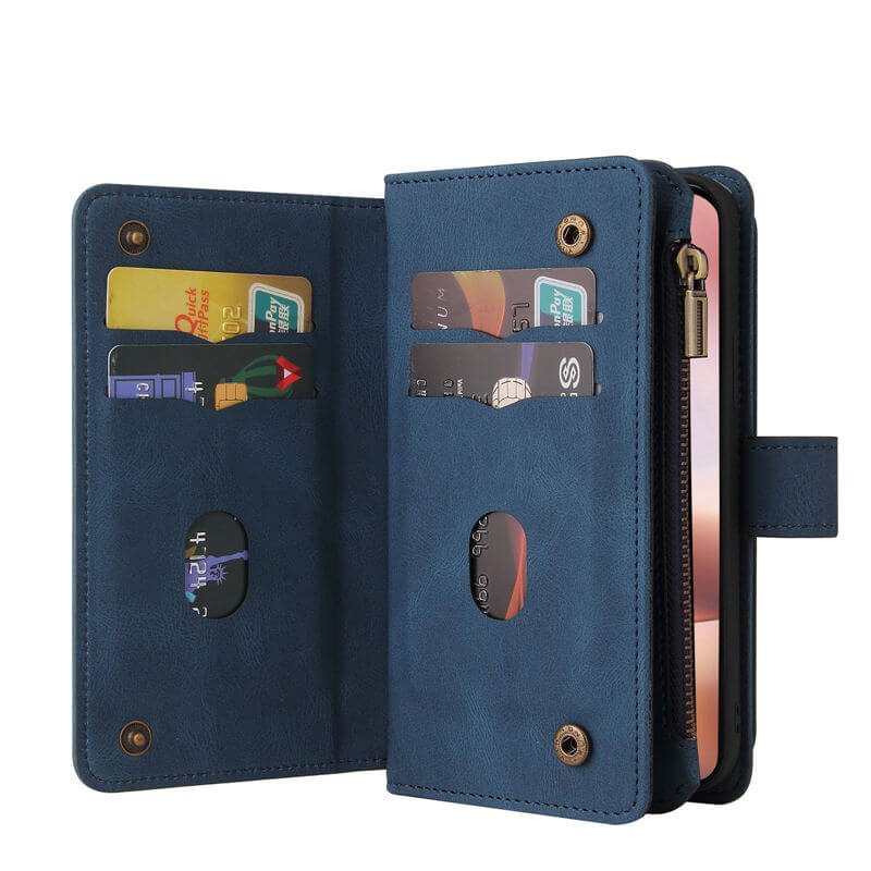 For iPhone 16 Plus Wallet 15 Card Slots Leather Case with Wrist Strap