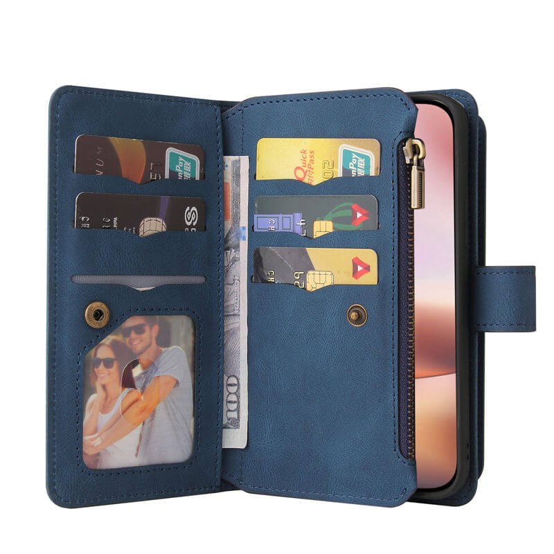 For iPhone 16 Plus Wallet 15 Card Slots Leather Case with Wrist Strap