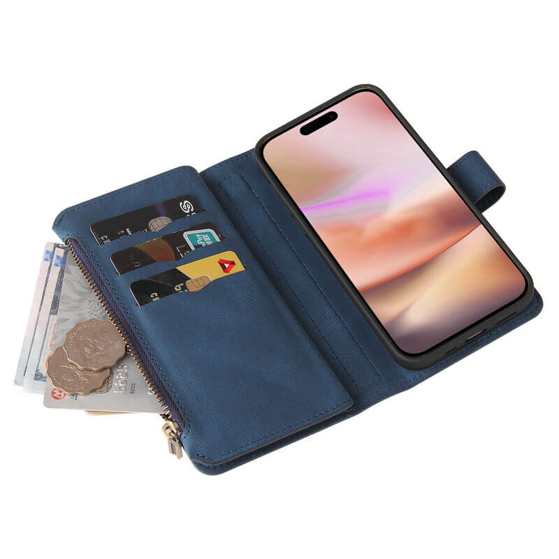 For iPhone 16 Plus Wallet 15 Card Slots Leather Case with Wrist Strap