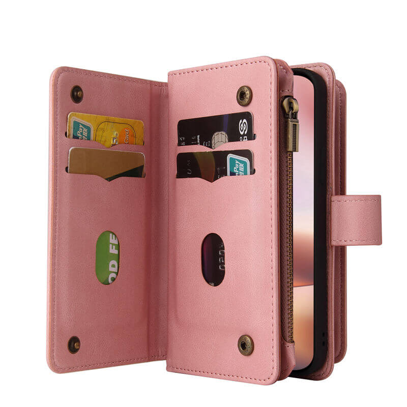 For iPhone 16 Plus Wallet 15 Card Slots Leather Case with Wrist Strap