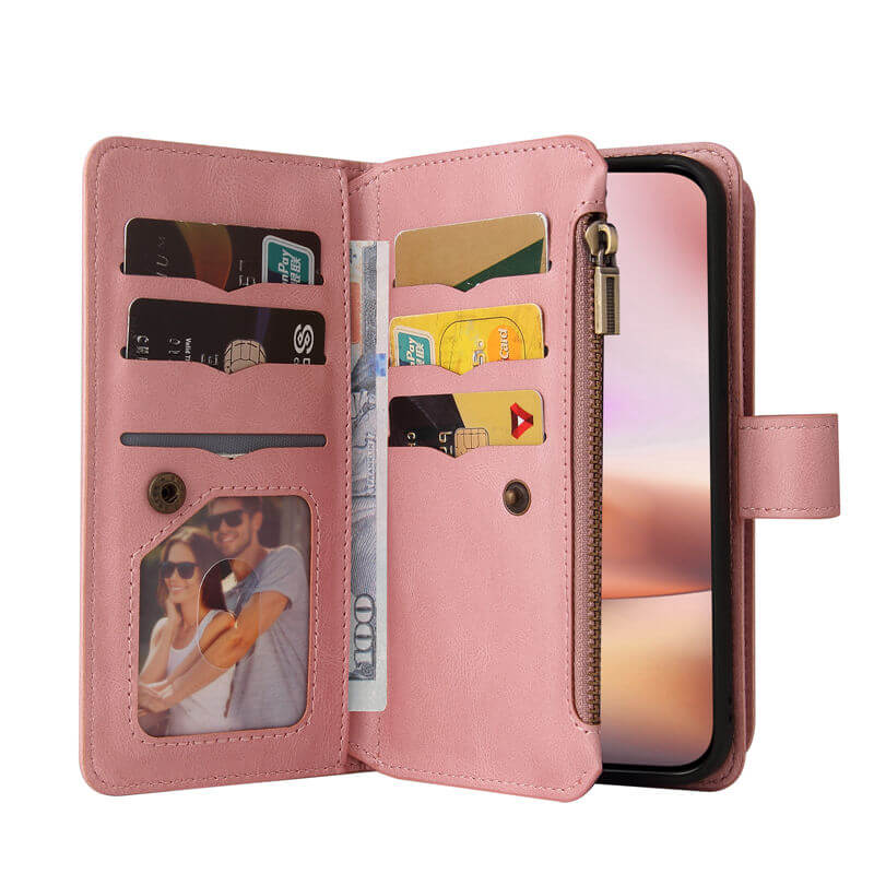 For iPhone 16 Plus Wallet 15 Card Slots Leather Case with Wrist Strap