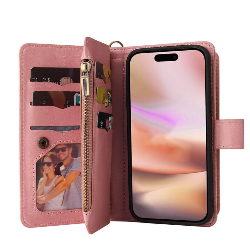 For iPhone 16 Plus Wallet 15 Card Slots Leather Case with Wrist Strap