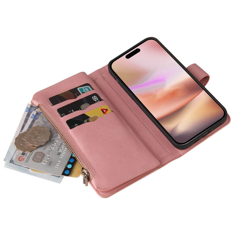 For iPhone 16 Plus Wallet 15 Card Slots Leather Case with Wrist Strap