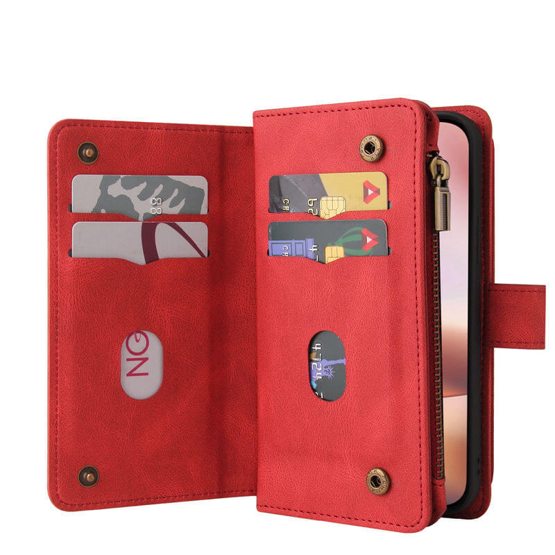 For iPhone 16 Plus Wallet 15 Card Slots Leather Case with Wrist Strap