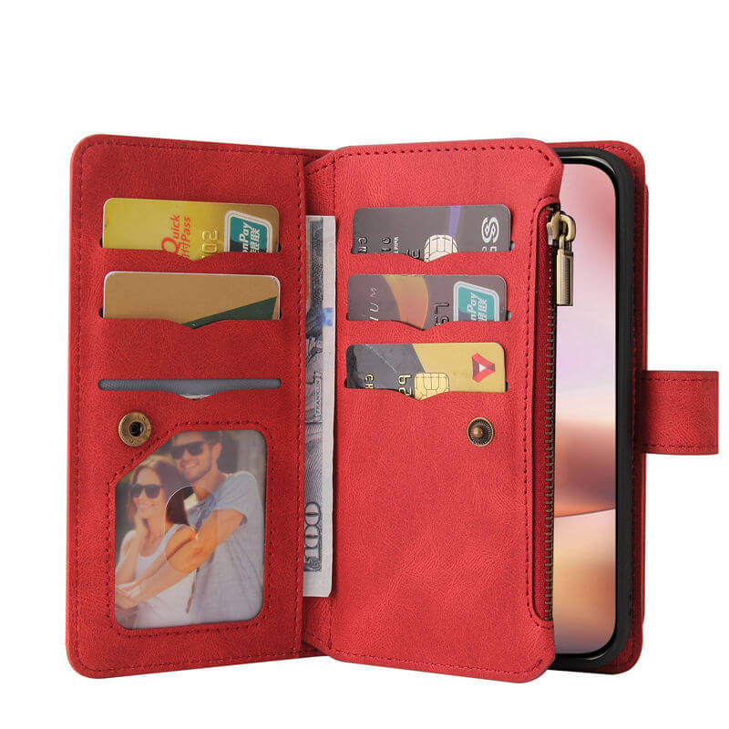 For iPhone 16 Plus Wallet 15 Card Slots Leather Case with Wrist Strap