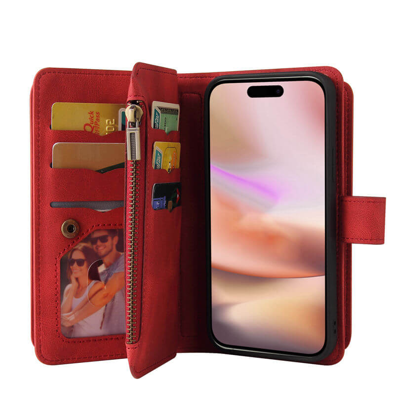 For iPhone 16 Plus Wallet 15 Card Slots Leather Case with Wrist Strap