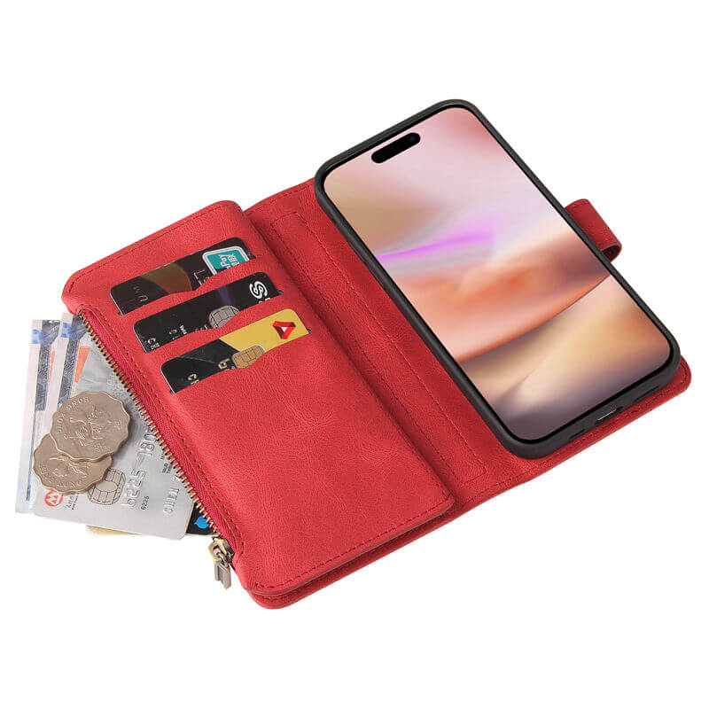 For iPhone 16 Plus Wallet 15 Card Slots Leather Case with Wrist Strap