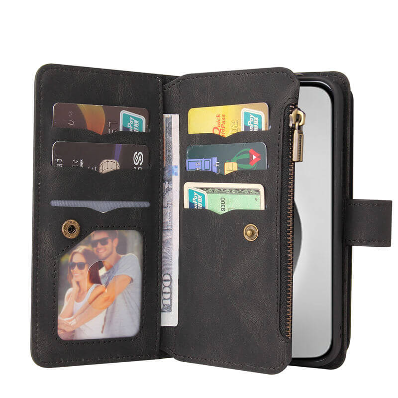 For iPhone 16 Pro Max Wallet 15 Card Slots Leather Case with Wrist Strap