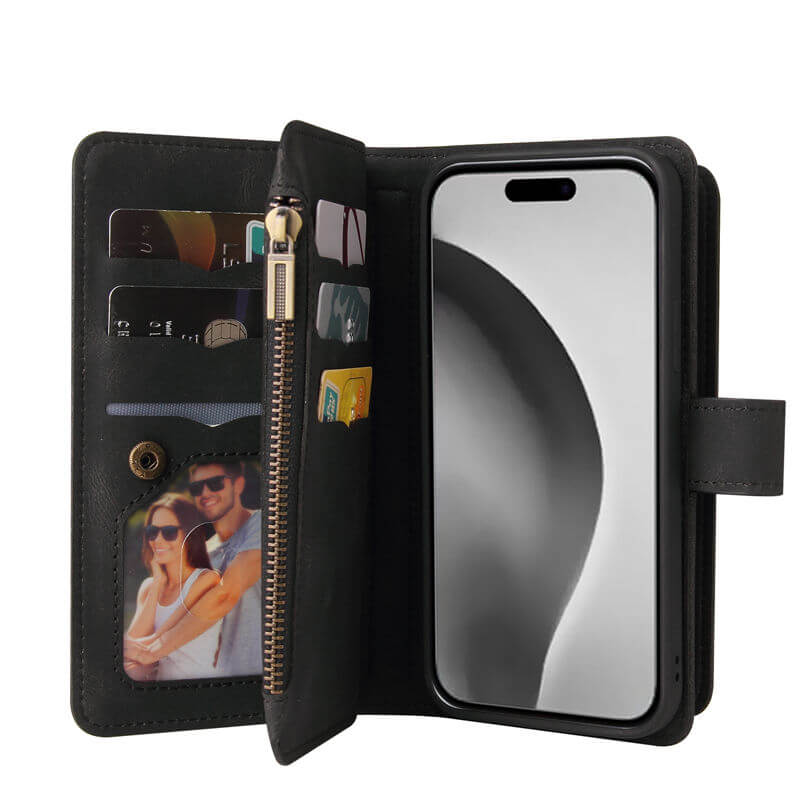 For iPhone 16 Pro Max Wallet 15 Card Slots Leather Case with Wrist Strap