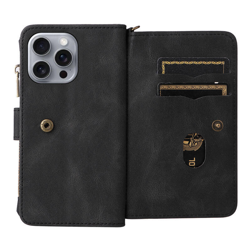 For iPhone 16 Pro Max Wallet 15 Card Slots Leather Case with Wrist Strap