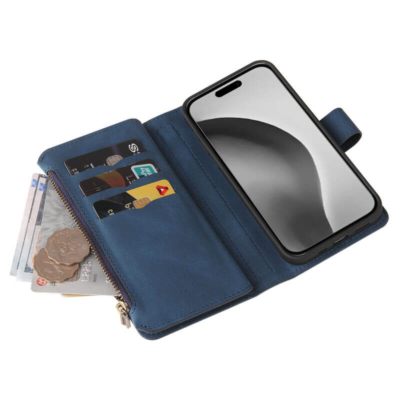 For iPhone 16 Pro Max Wallet 15 Card Slots Leather Case with Wrist Strap