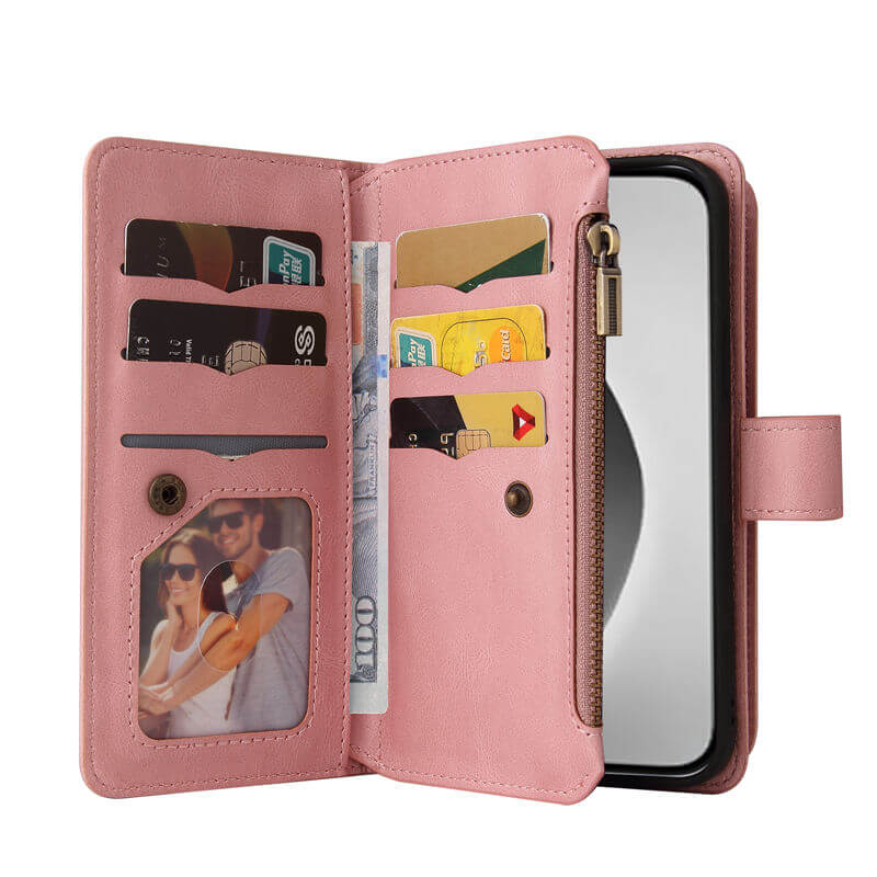 For iPhone 16 Pro Max Wallet 15 Card Slots Leather Case with Wrist Strap