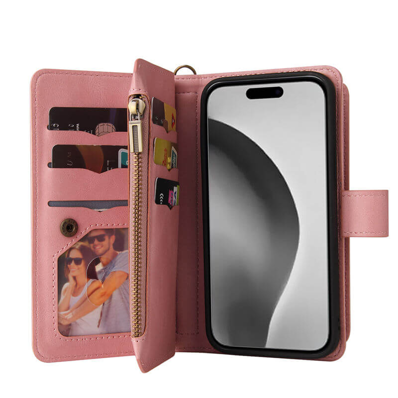 For iPhone 16 Pro Max Wallet 15 Card Slots Leather Case with Wrist Strap