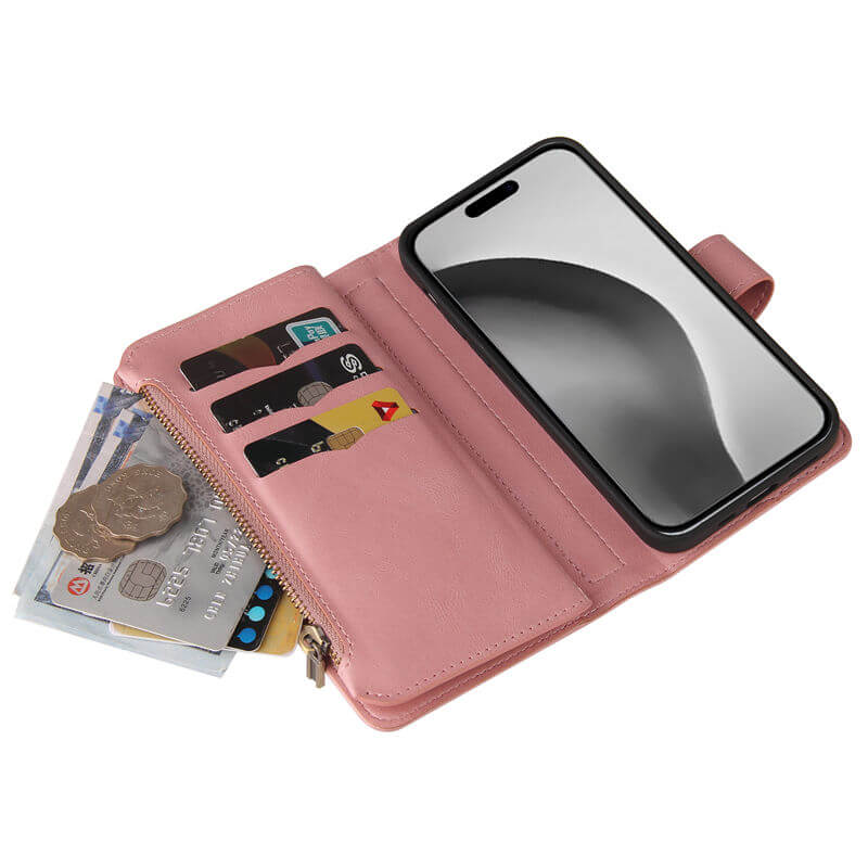 For iPhone 16 Pro Max Wallet 15 Card Slots Leather Case with Wrist Strap