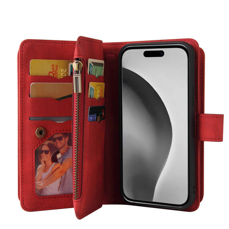 For iPhone 16 Pro Max Wallet 15 Card Slots Leather Case with Wrist Strap