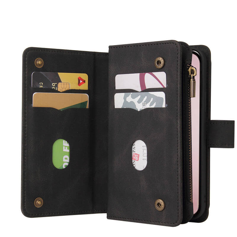 For iPhone 16 Pro Wallet 15 Card Slots Leather Case with Wrist Strap