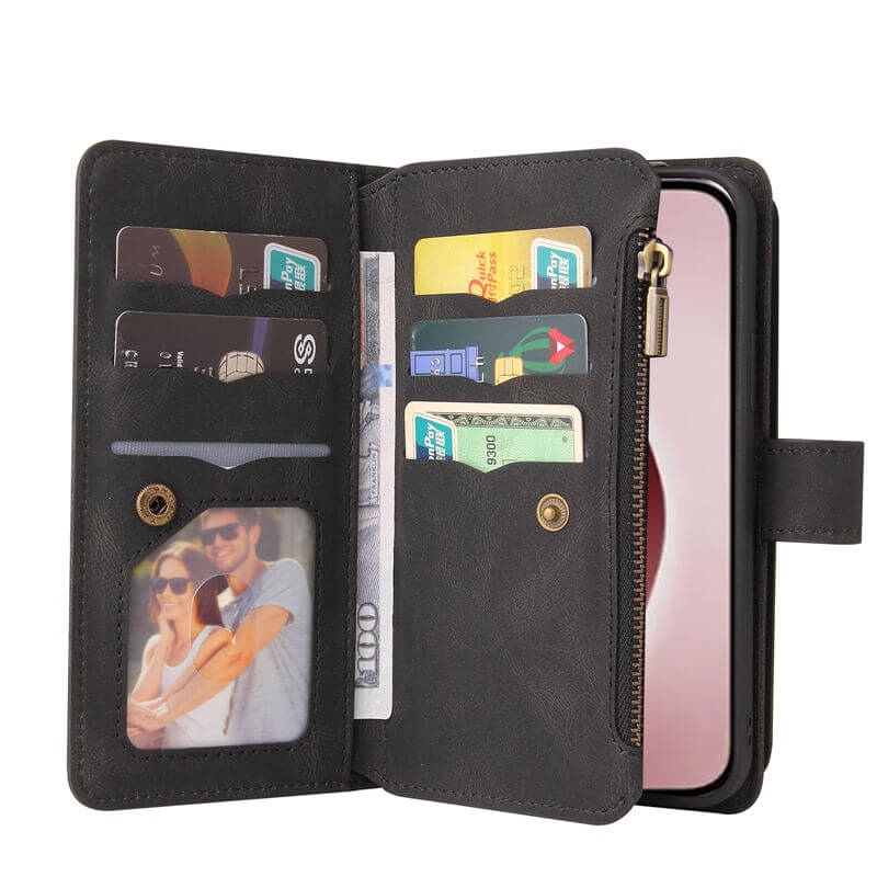 For iPhone 16 Pro Wallet 15 Card Slots Leather Case with Wrist Strap