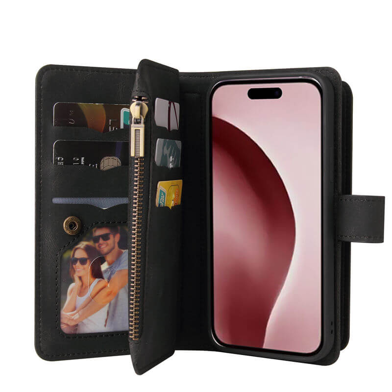 For iPhone 16 Pro Wallet 15 Card Slots Leather Case with Wrist Strap