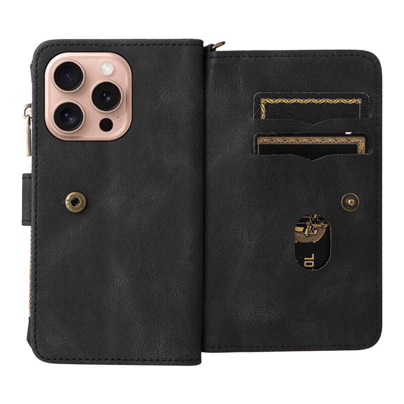 For iPhone 16 Pro Wallet 15 Card Slots Leather Case with Wrist Strap