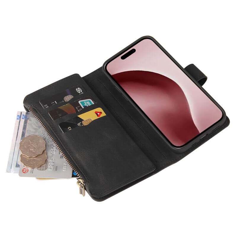 For iPhone 16 Pro Wallet 15 Card Slots Leather Case with Wrist Strap