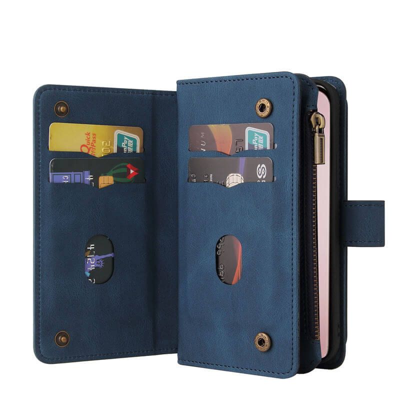 For iPhone 16 Pro Wallet 15 Card Slots Leather Case with Wrist Strap