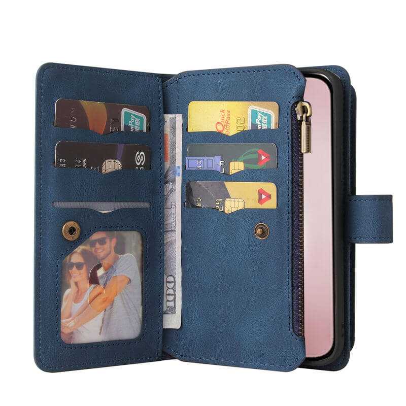 For iPhone 16 Pro Wallet 15 Card Slots Leather Case with Wrist Strap