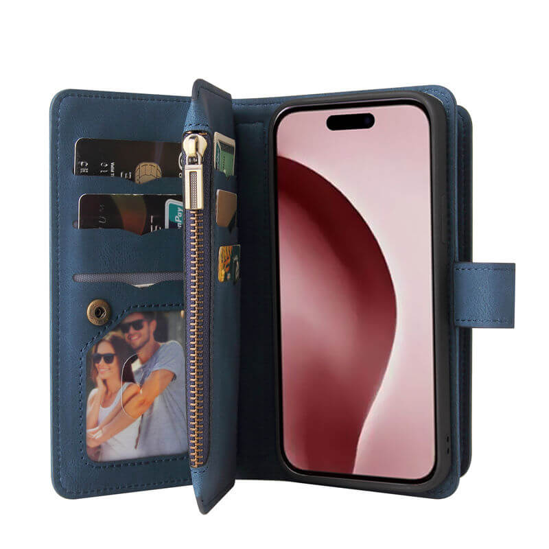 For iPhone 16 Pro Wallet 15 Card Slots Leather Case with Wrist Strap