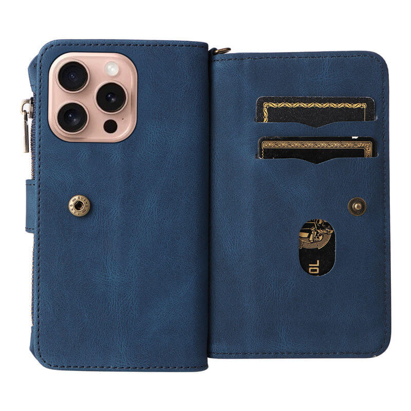 For iPhone 16 Pro Wallet 15 Card Slots Leather Case with Wrist Strap