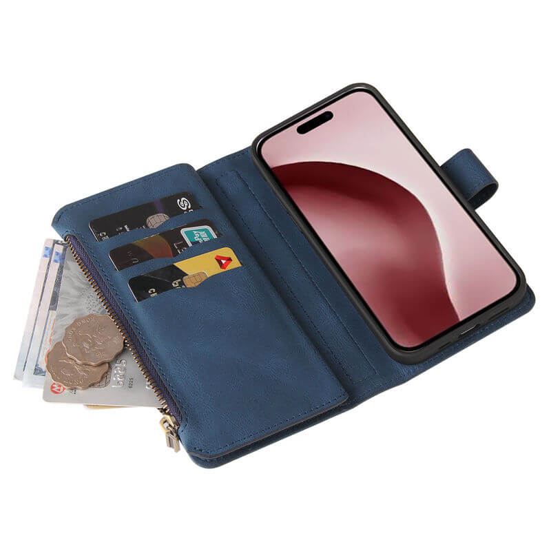 For iPhone 16 Pro Wallet 15 Card Slots Leather Case with Wrist Strap