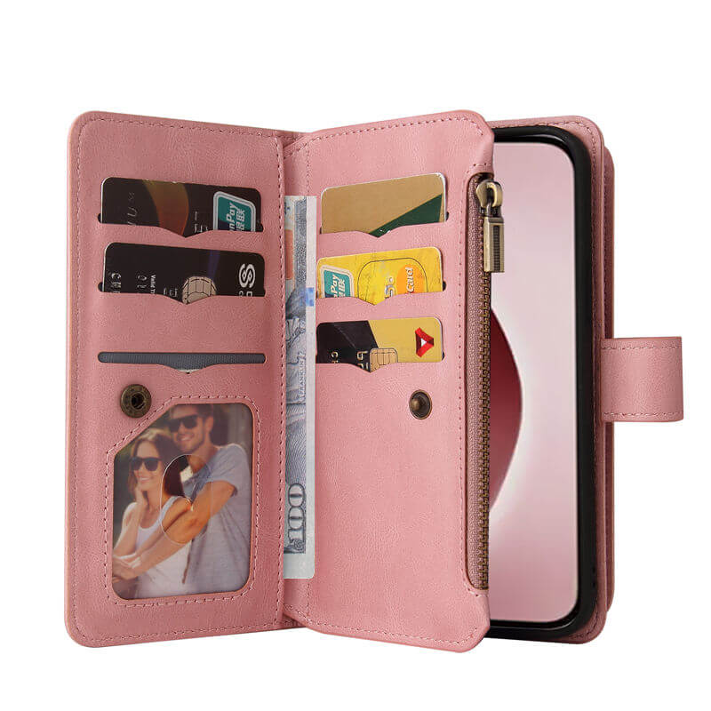 For iPhone 16 Pro Wallet 15 Card Slots Leather Case with Wrist Strap