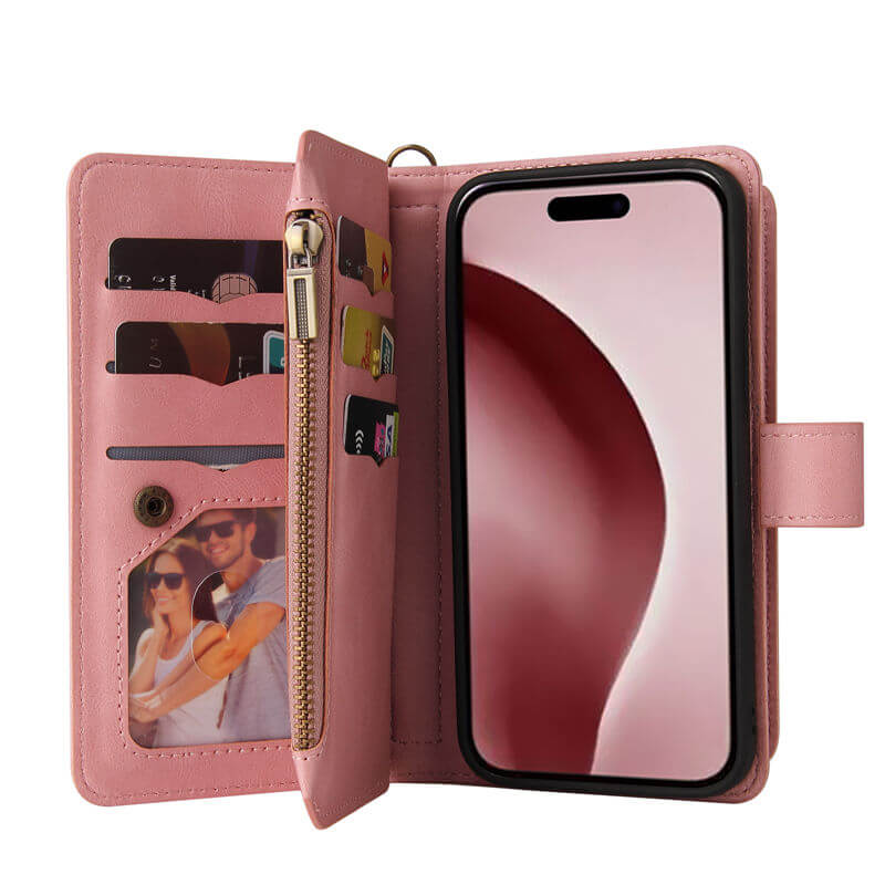 For iPhone 16 Pro Wallet 15 Card Slots Leather Case with Wrist Strap