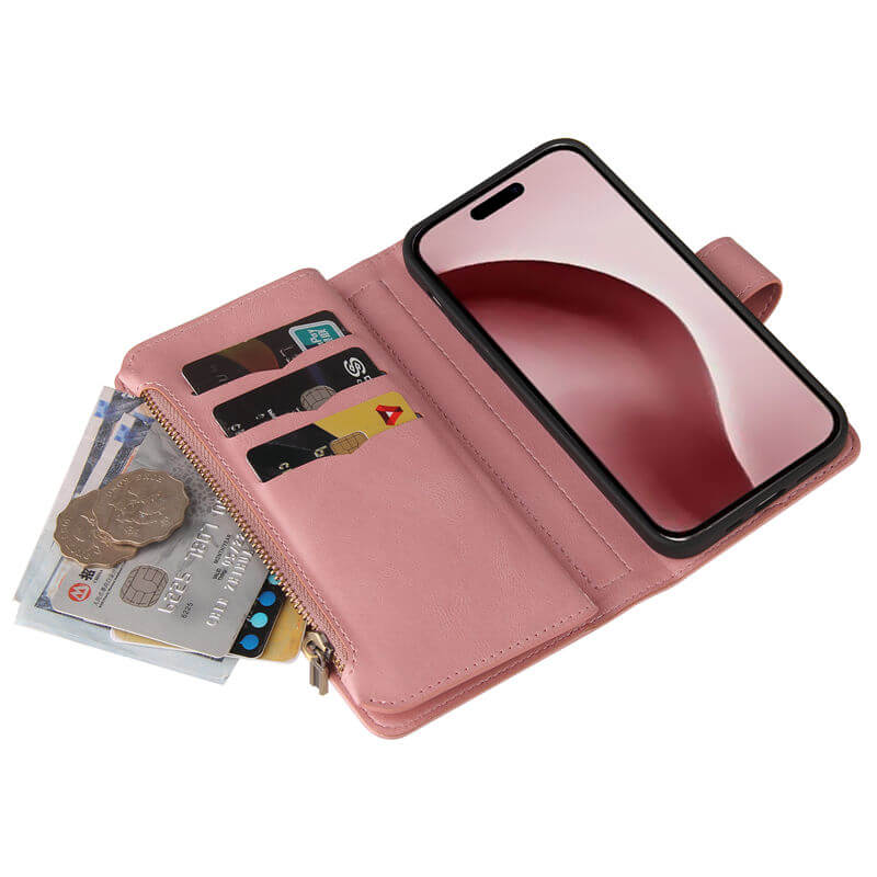 For iPhone 16 Pro Wallet 15 Card Slots Leather Case with Wrist Strap