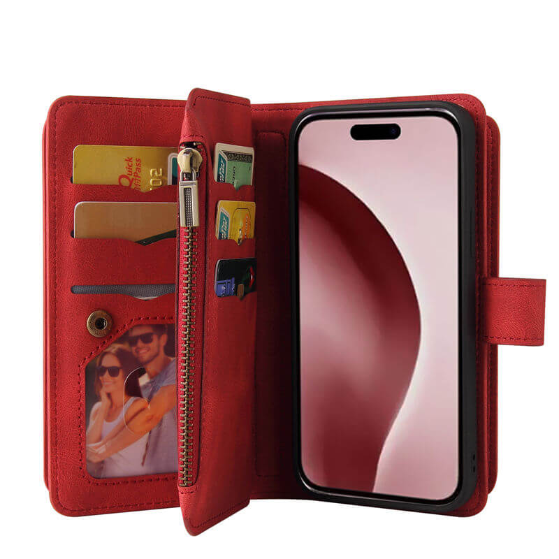 For iPhone 16 Pro Wallet 15 Card Slots Leather Case with Wrist Strap