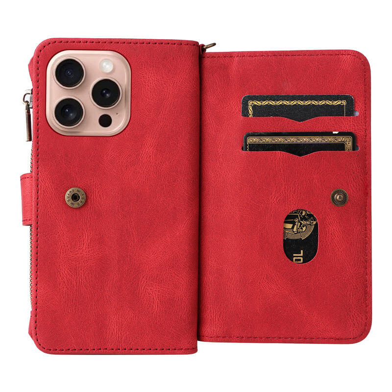 For iPhone 16 Pro Wallet 15 Card Slots Leather Case with Wrist Strap