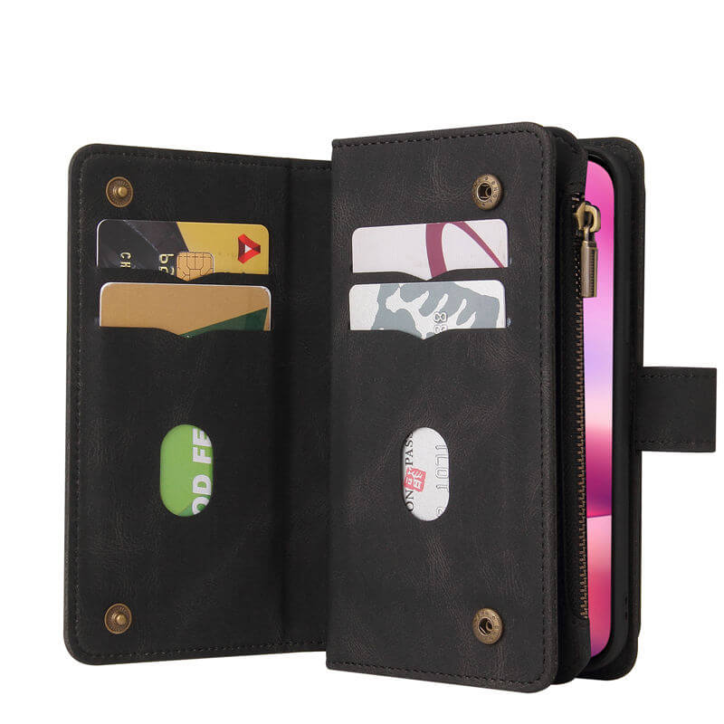 For iPhone 16 Wallet 15 Card Slots Leather Case with Wrist Strap