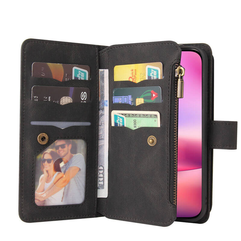 For iPhone 16 Wallet 15 Card Slots Leather Case with Wrist Strap