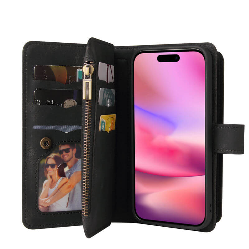 For iPhone 16 Wallet 15 Card Slots Leather Case with Wrist Strap