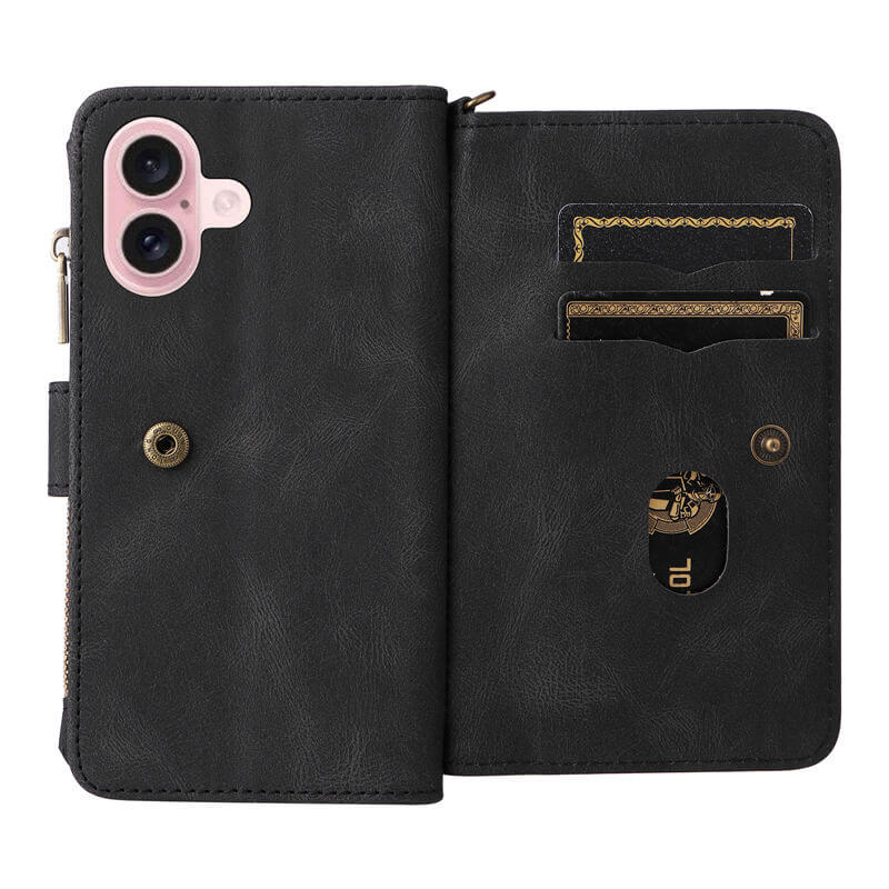 For iPhone 16 Wallet 15 Card Slots Leather Case with Wrist Strap