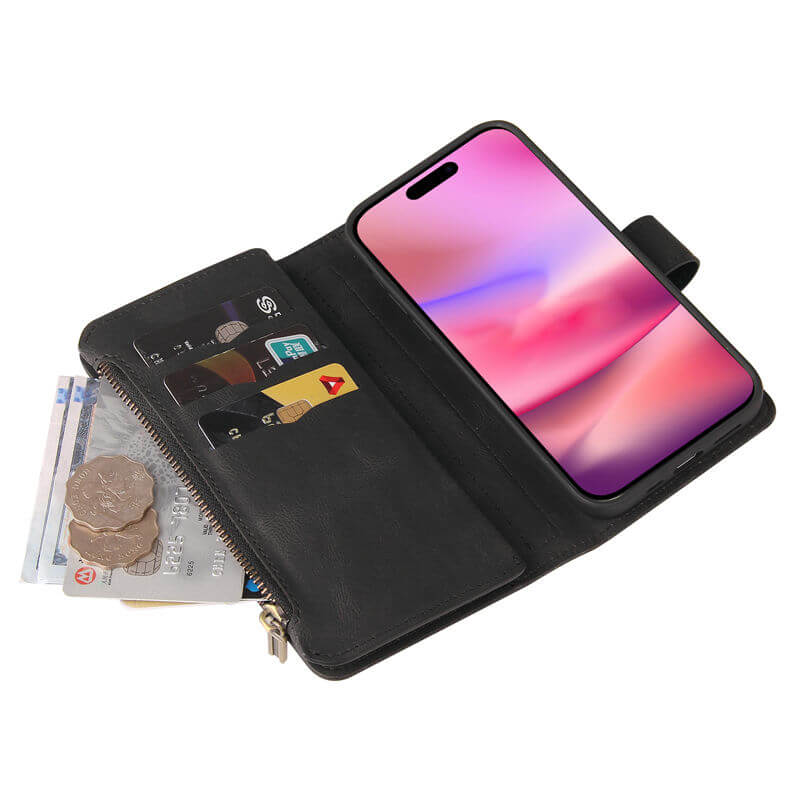 For iPhone 16 Wallet 15 Card Slots Leather Case with Wrist Strap